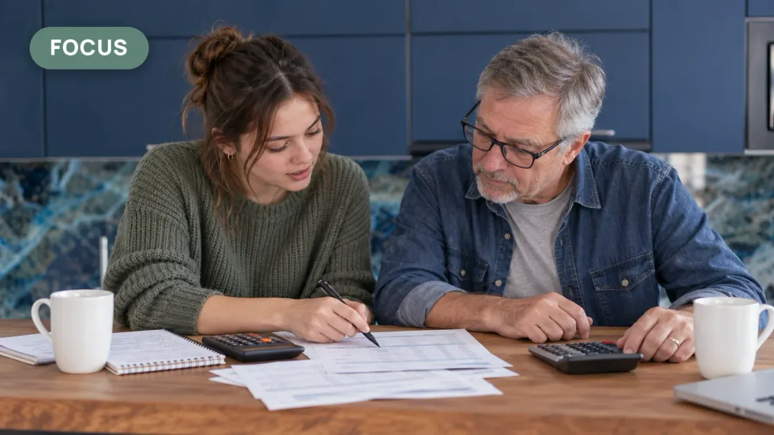 Une jeune femme et un homme aux cheveux gris, assis côte à côte à une table de cuisine, examinent des documents avec des calculatrices et des tasses de café.