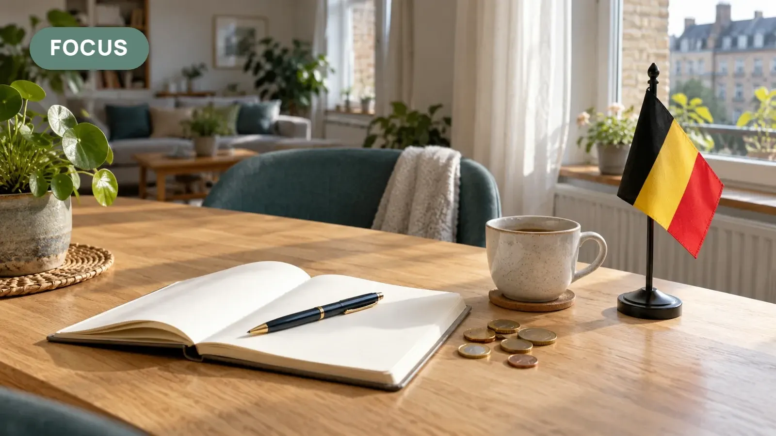 Table en bois dans un salon lumineux : un carnet ouvert avec un stylo, quelques pièces de monnaie, une tasse de café et un petit drapeau belge ; une fenêtre donne sur des façades de ville.